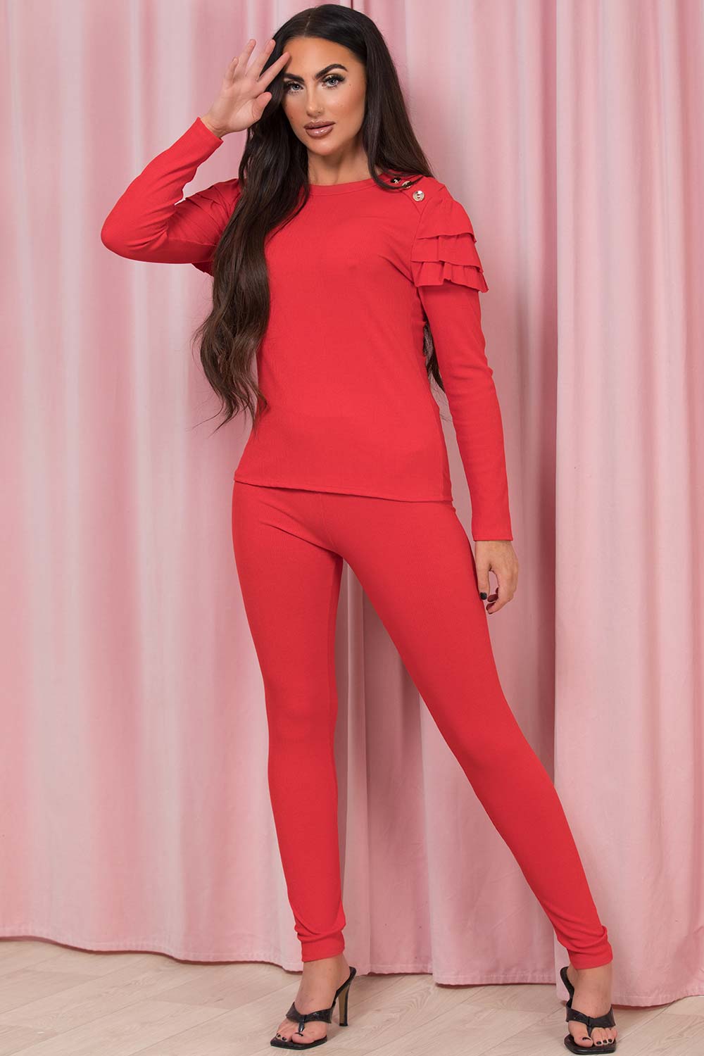 red frill shoulder gold button ribbed lounge set