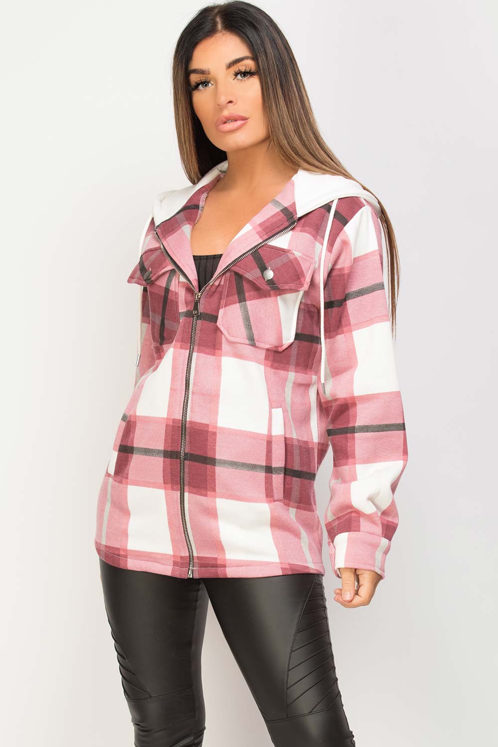 check hooded shacket wine red