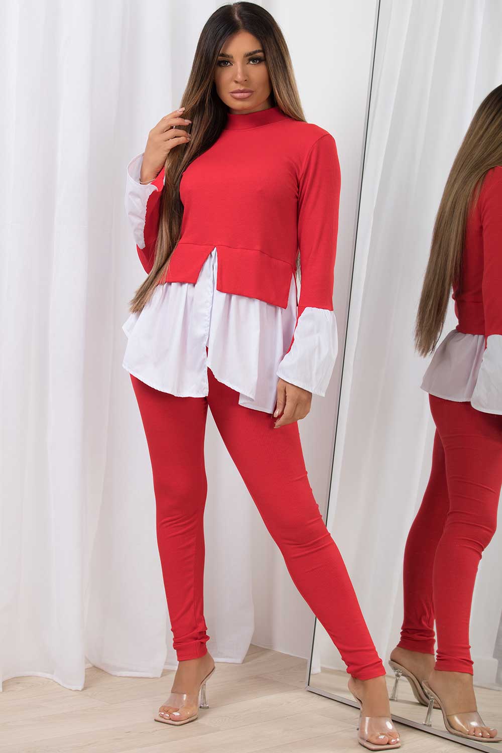 red frill hem jumper shirt co ord set christmas outfit