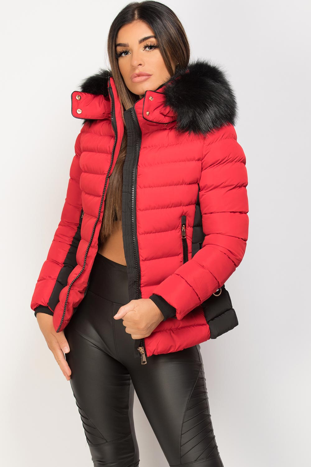puffer jacket with fur hood red