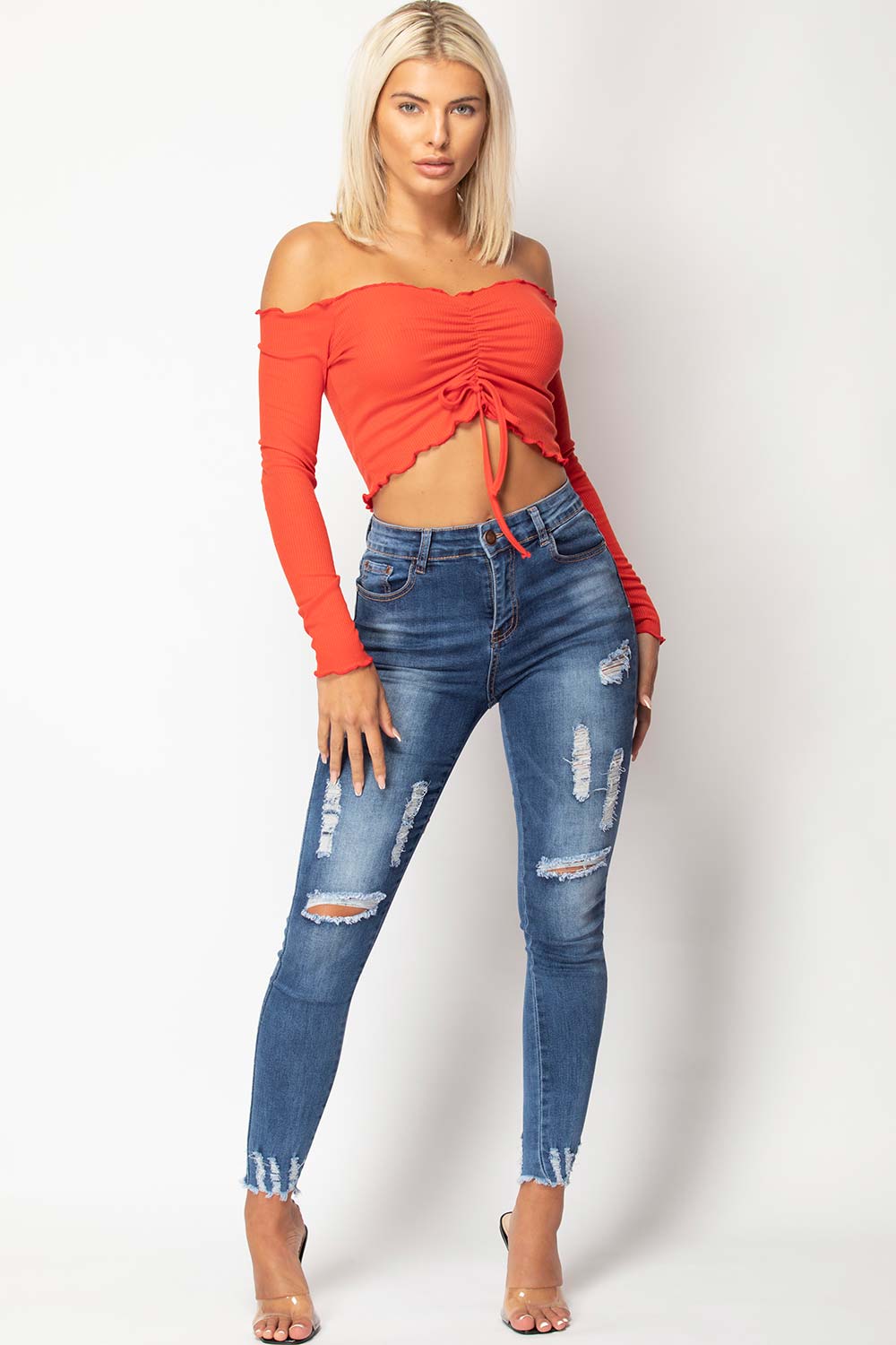 red bardot ruched front crop top