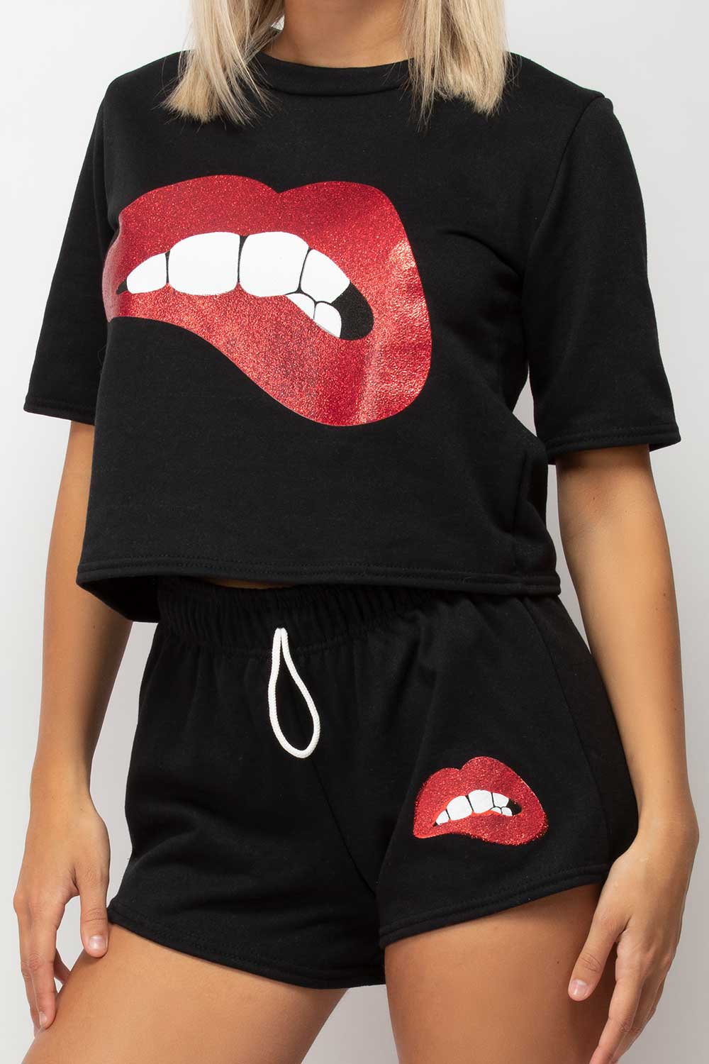 sequin lips crop top and shorts co ord