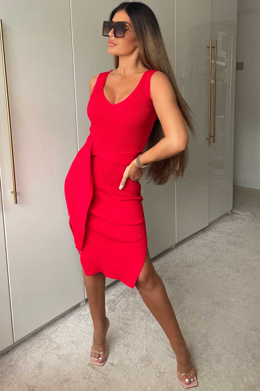 red midi dress with tie waist