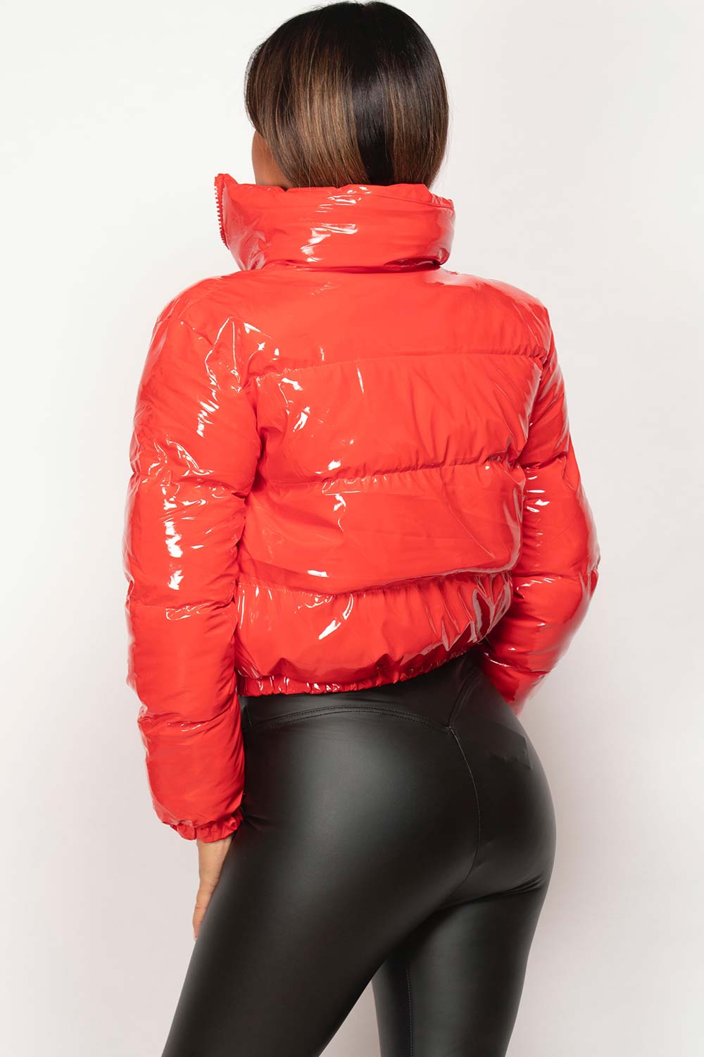 red vinyl shiny puffer jacket