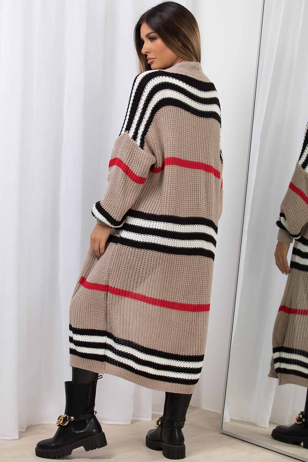 Long Oversized Cardigan With Red White Black Stripes