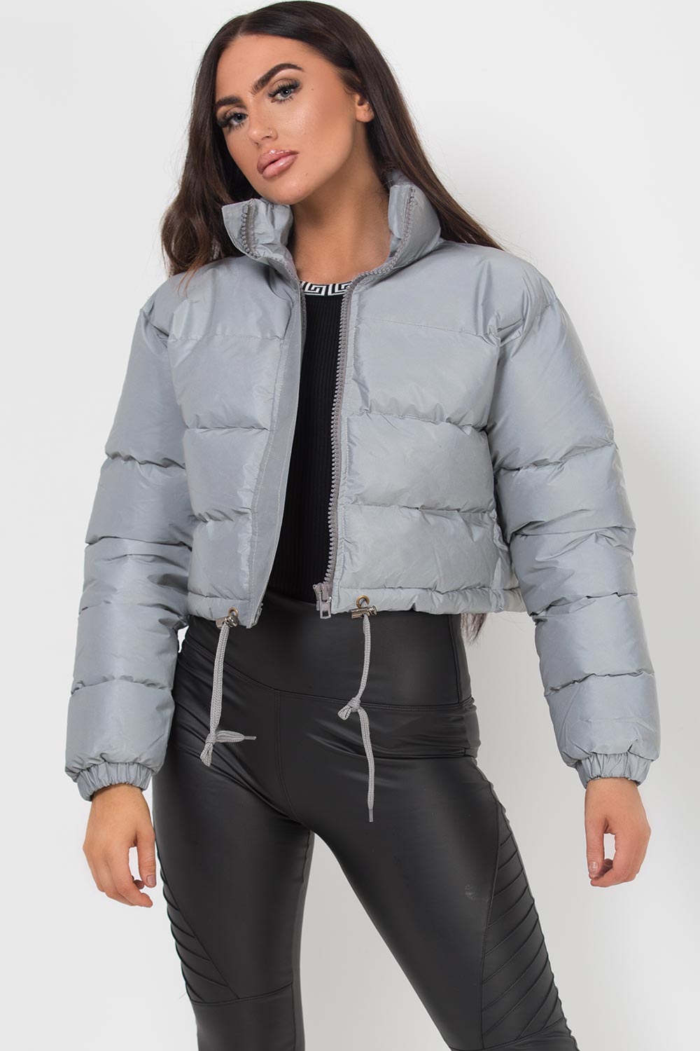 crop puffer padded coat reflective grey