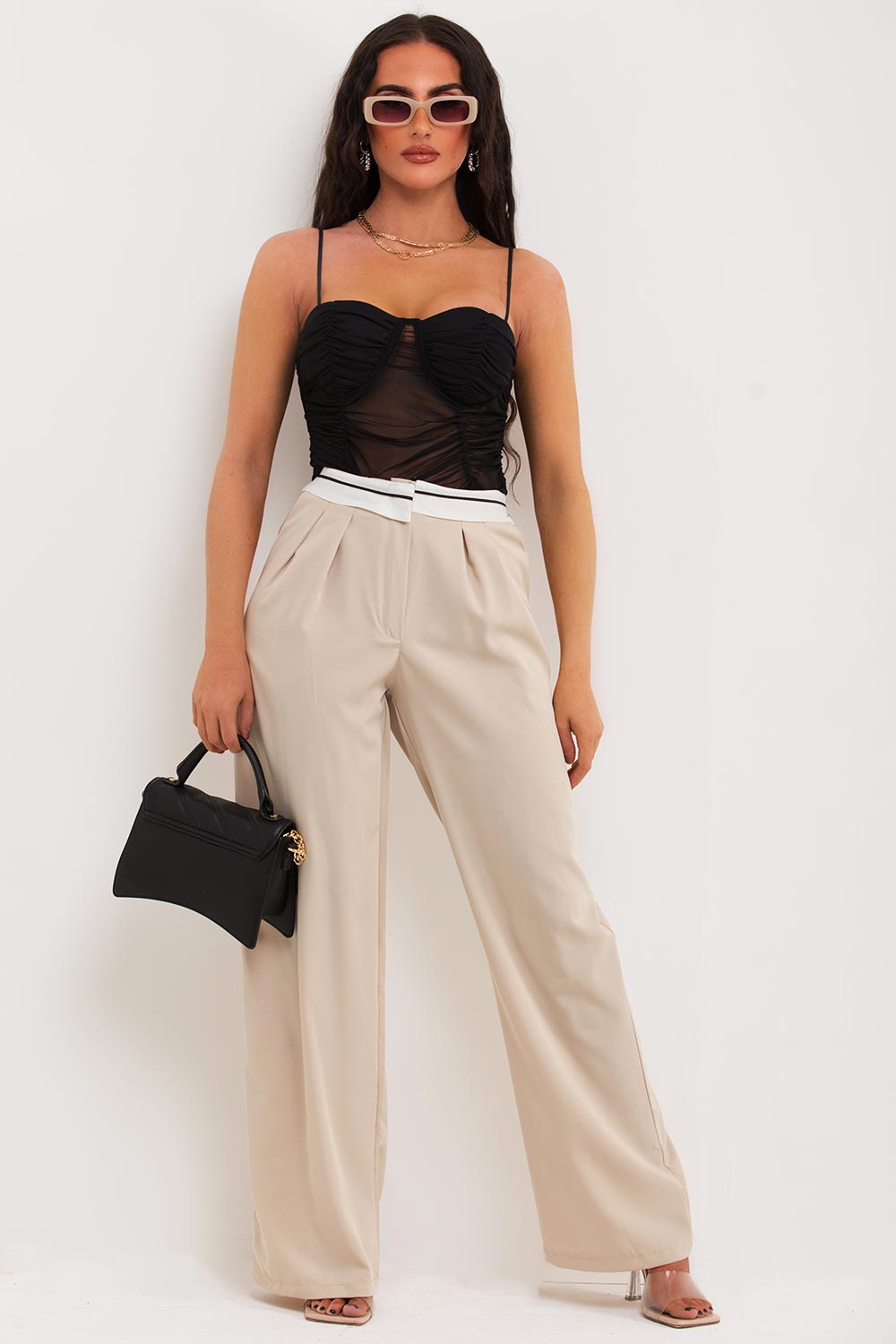 womens fold over waistband wide leg trousers