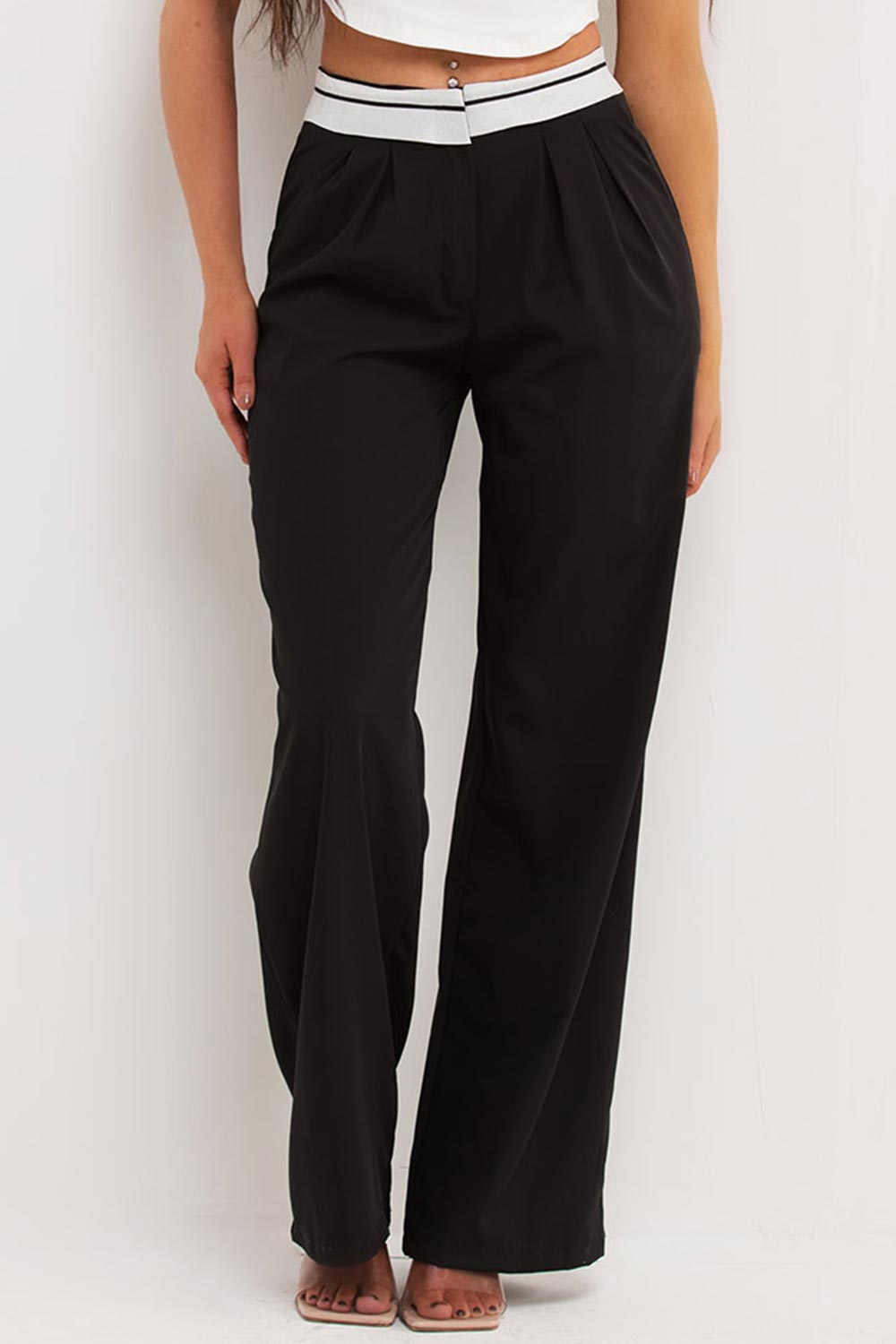 prada inspired turnover waist wide leg trousers womens