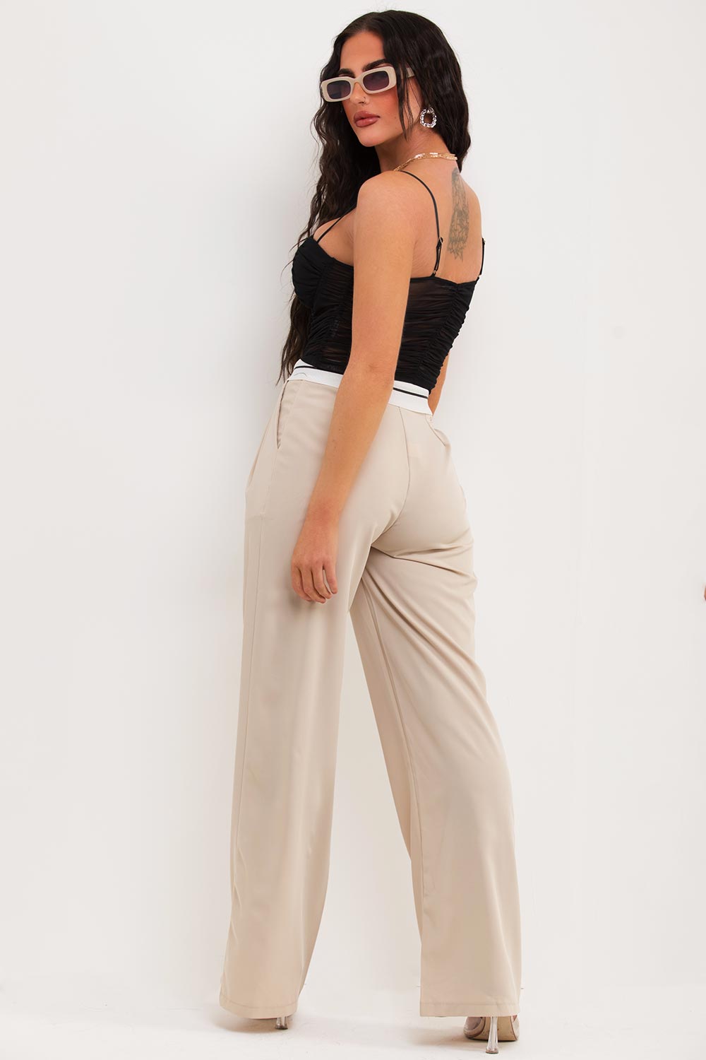 womens wide leg reverse waistband trousers