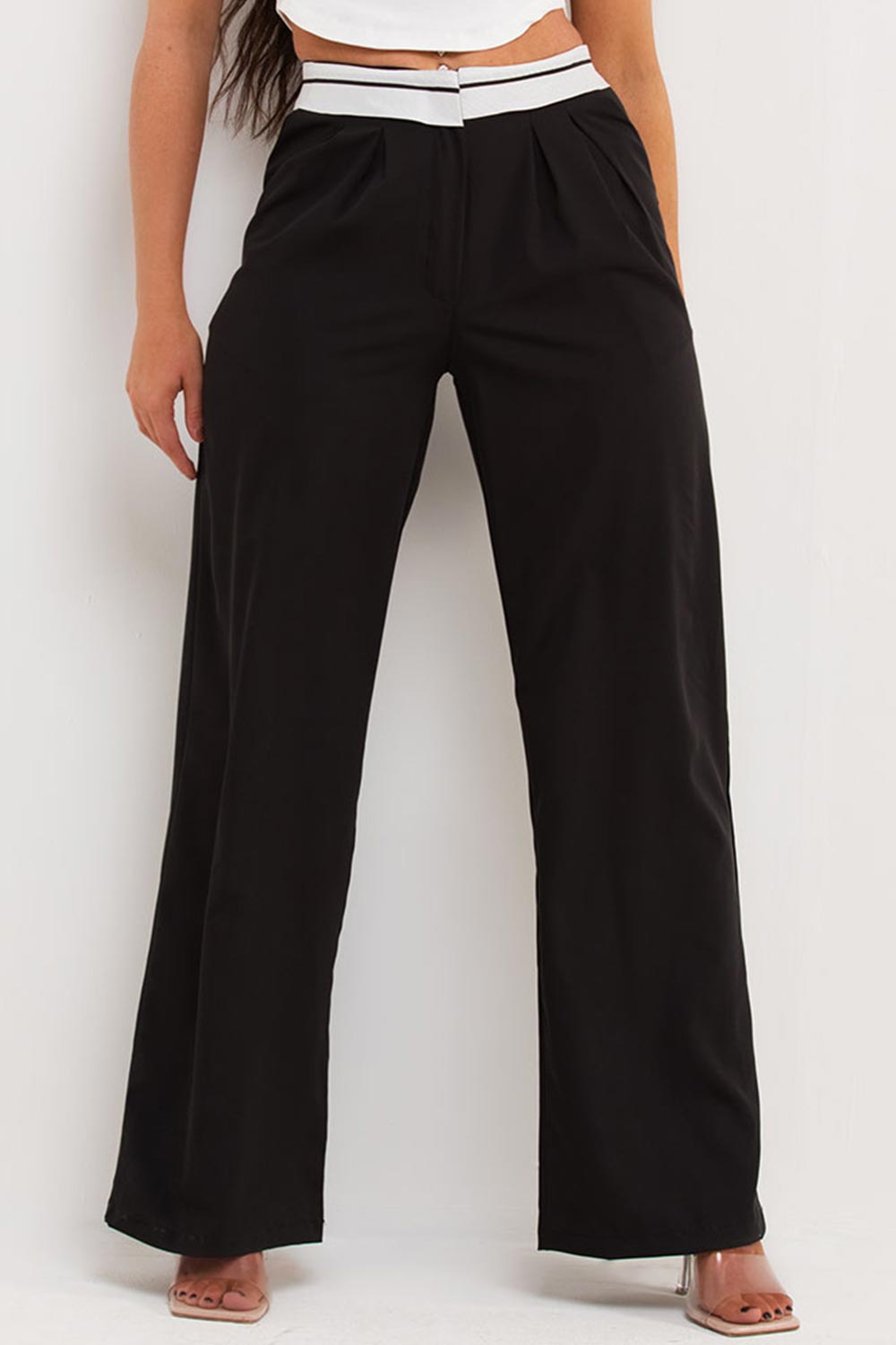 fold over waist wide leg trousers