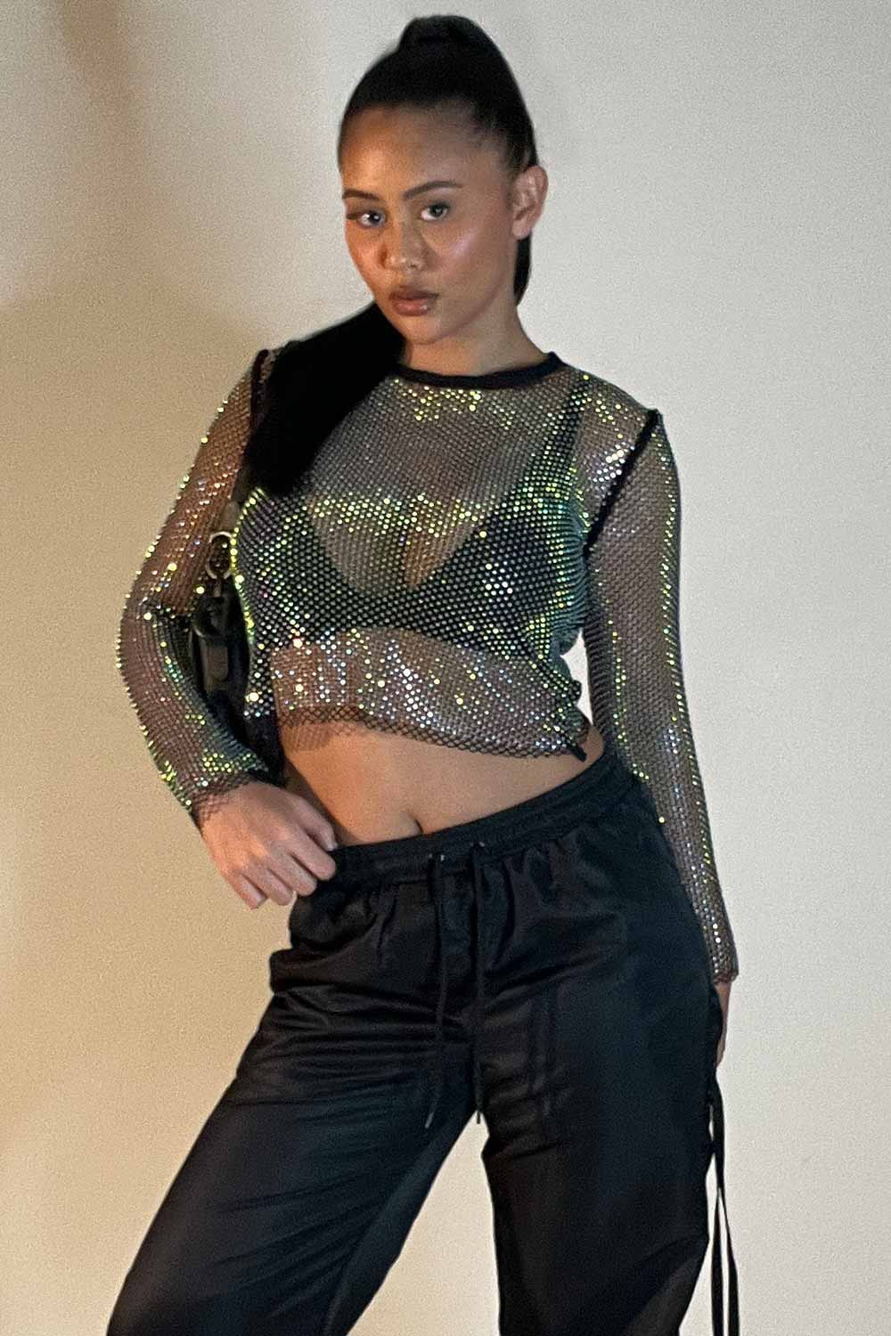 sheer fishnet mesh top prada inspired