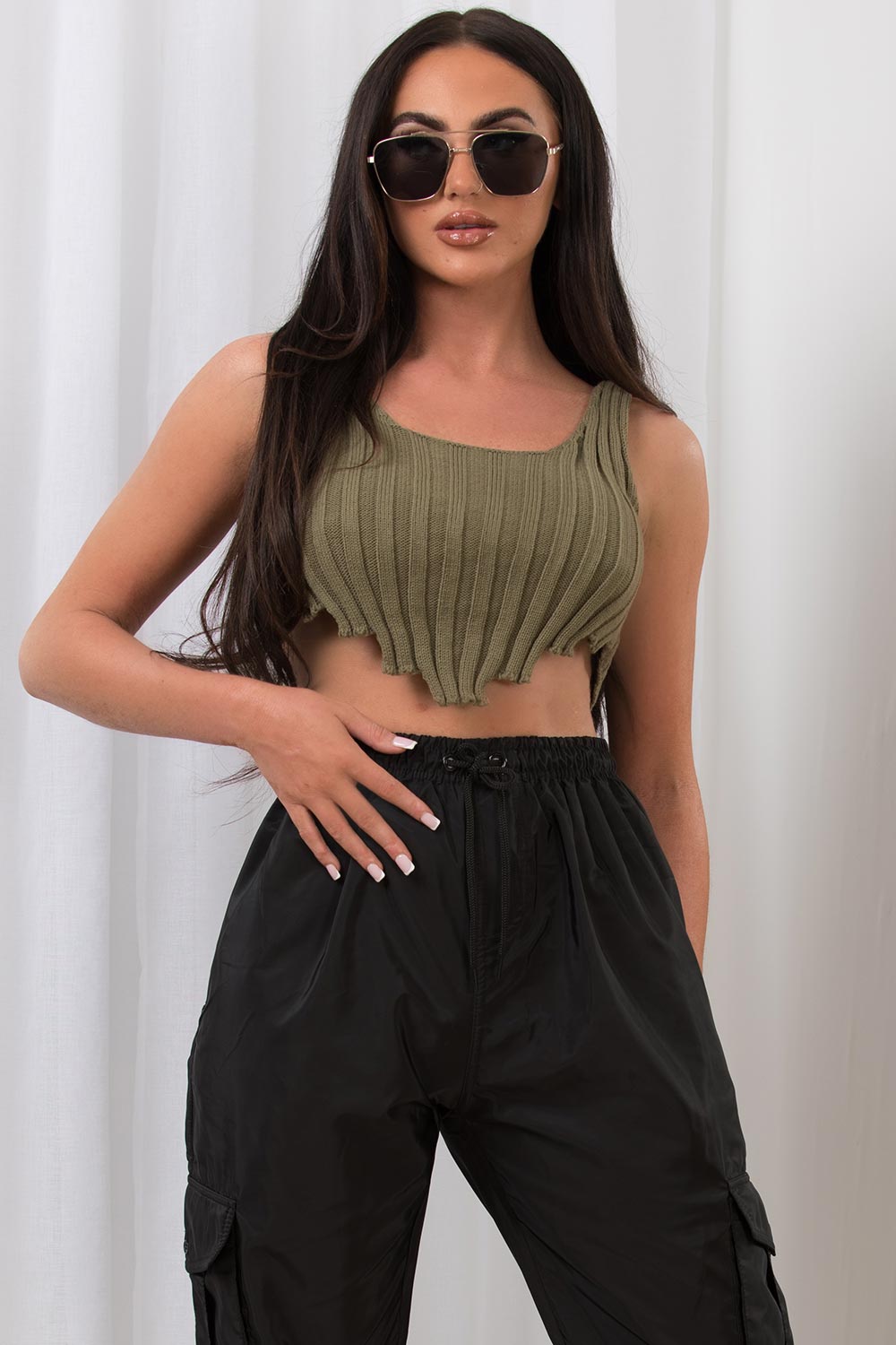 rib knit crop corset khaki