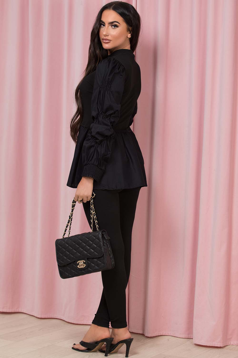ruched peplum frill hem loungewear set black