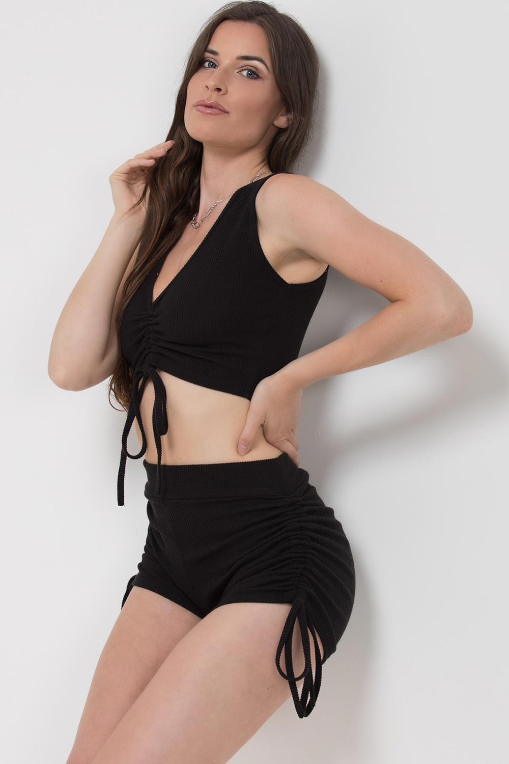 ruched side rib shorts crop top set black