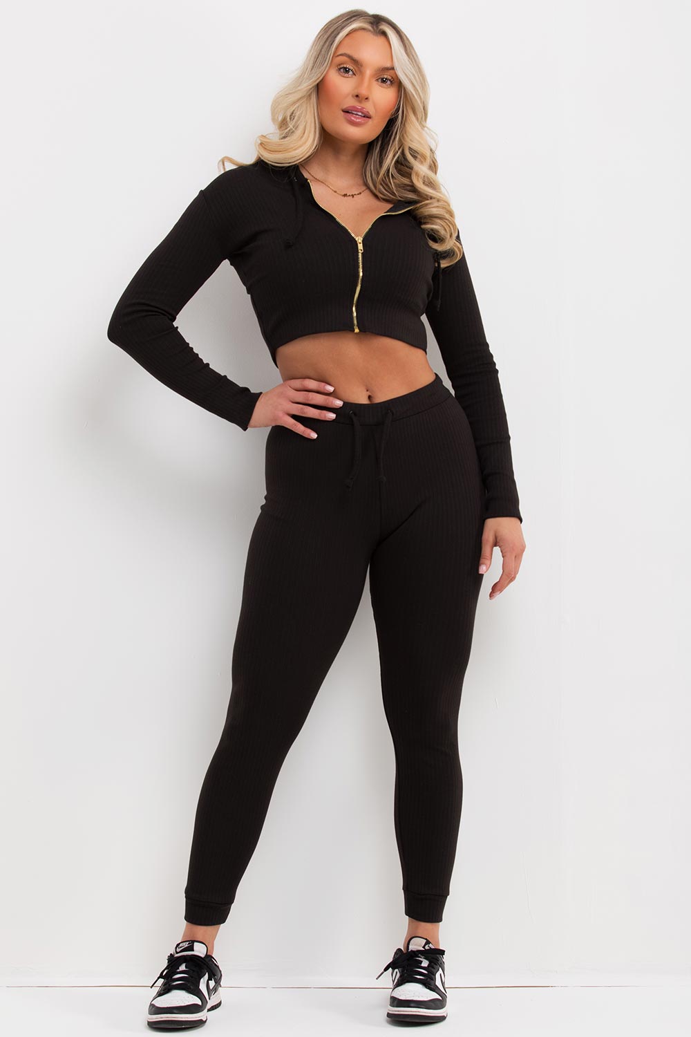 black ribbed tracksuit co ord set