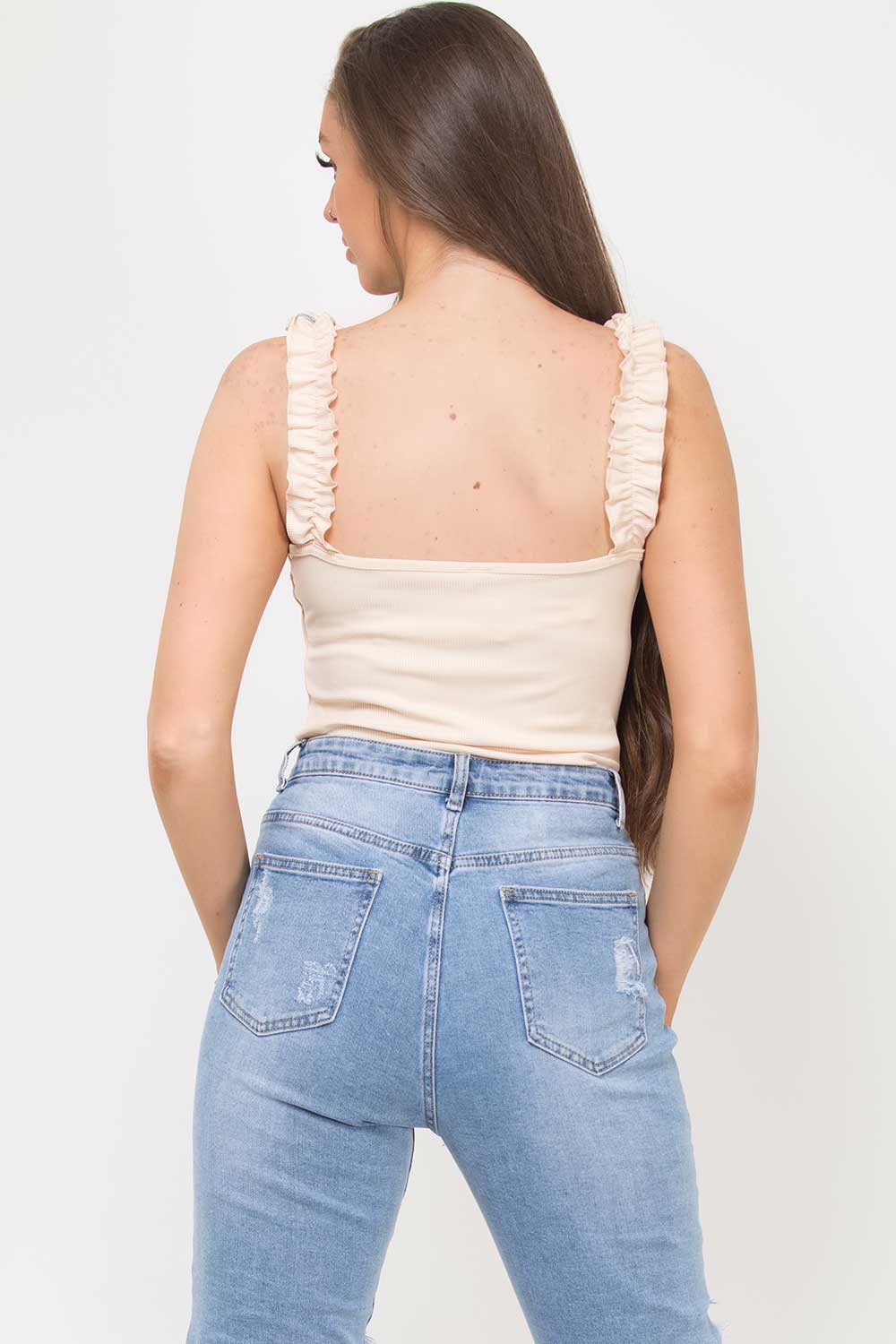 frill strap ribbed bodysuit beige