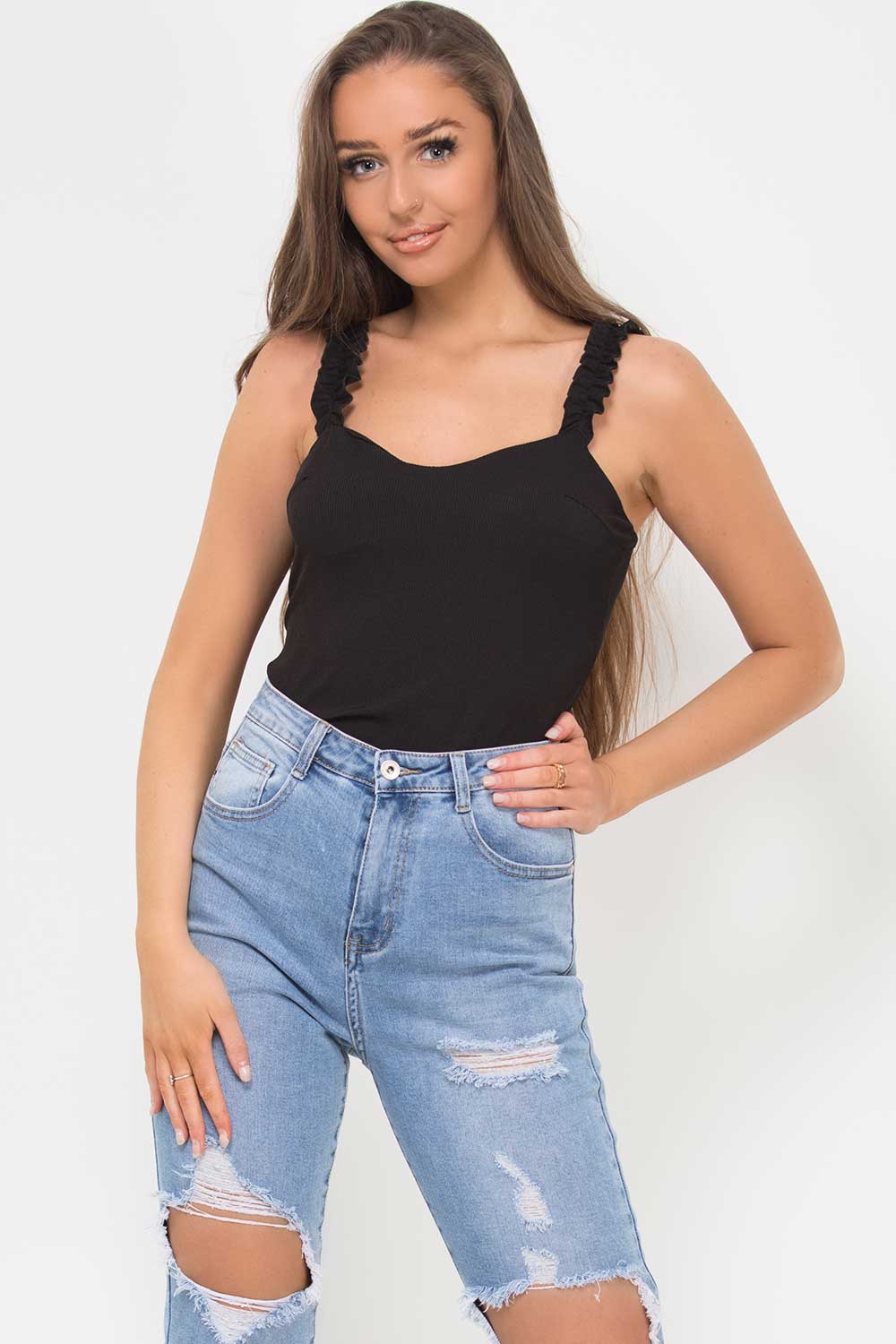frill strap ribbed bodysuit black