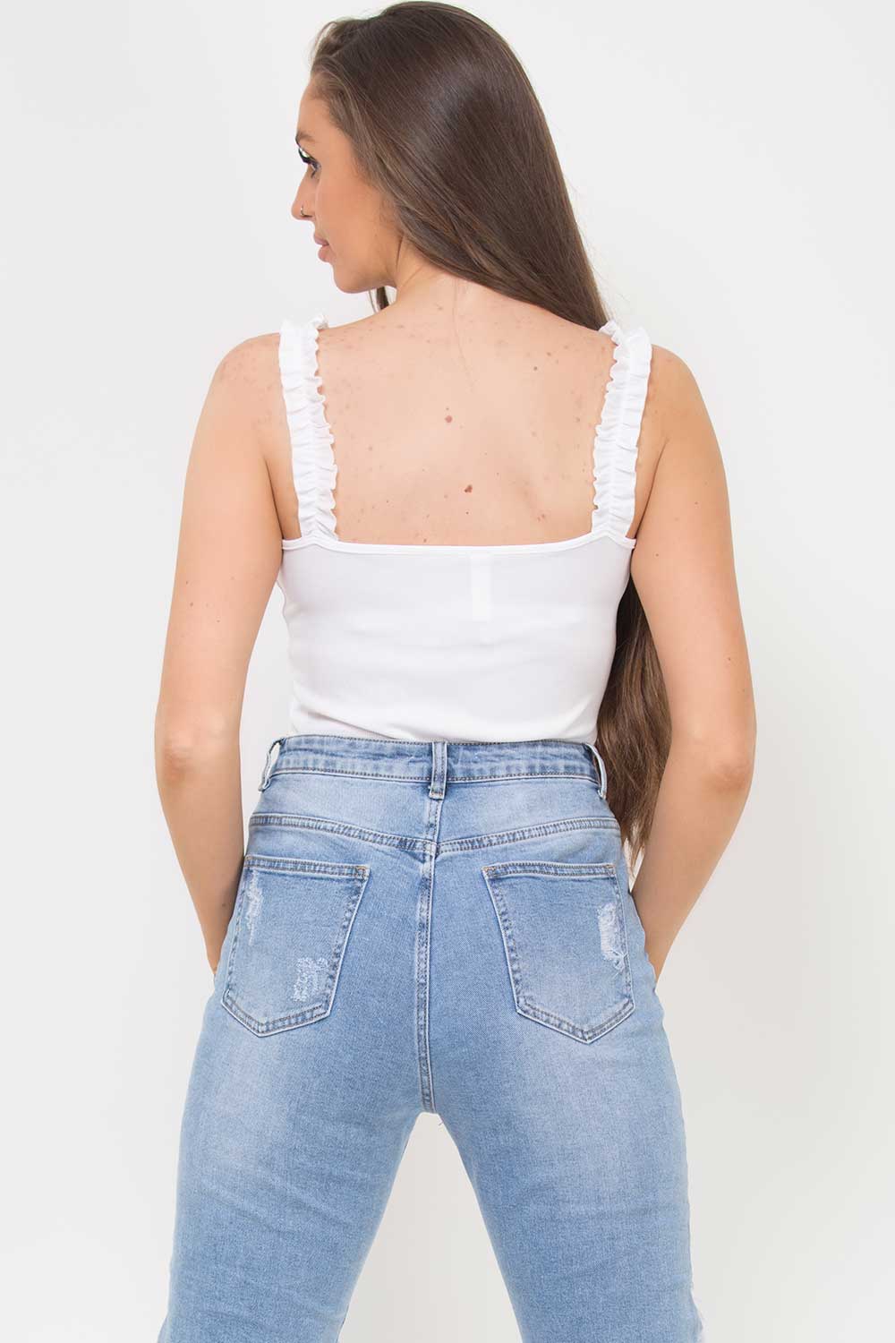 gathered ruffle strap rib bodysuit top cream