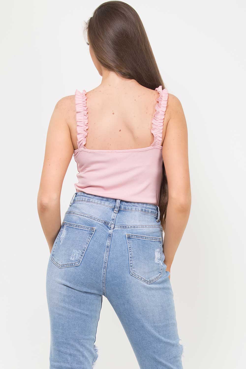 gathered ruffle strap ribbed bodysuit