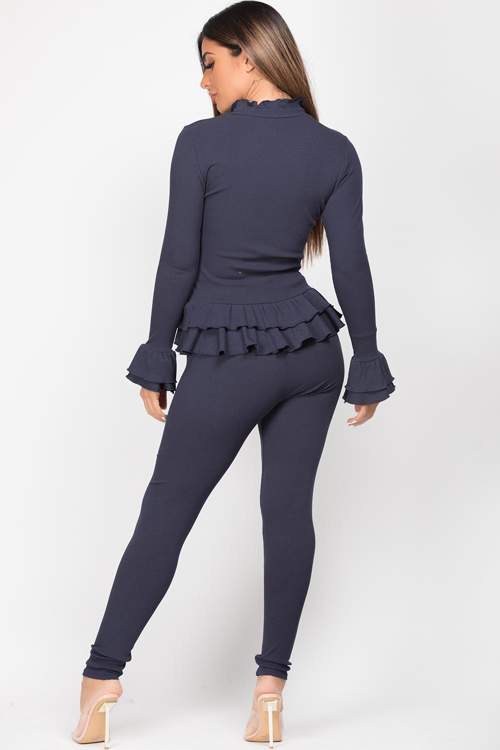 peplum frill ribbed button front loungewear set navy