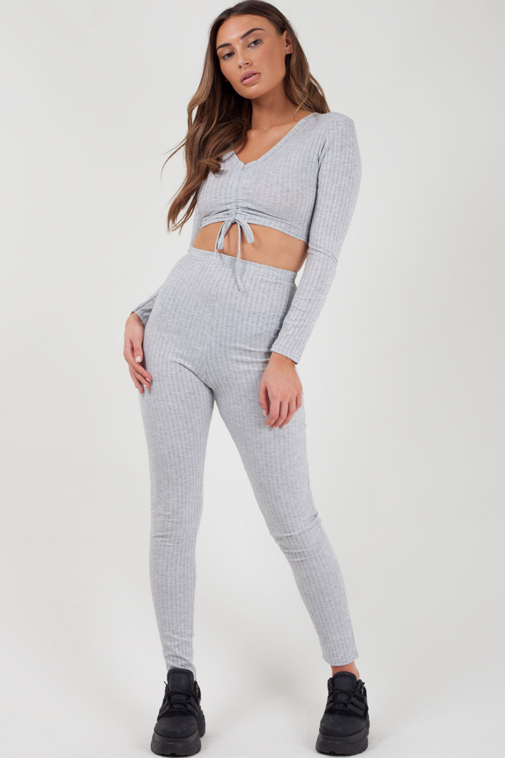 grey ribbed loungewear two piece set on sale uk