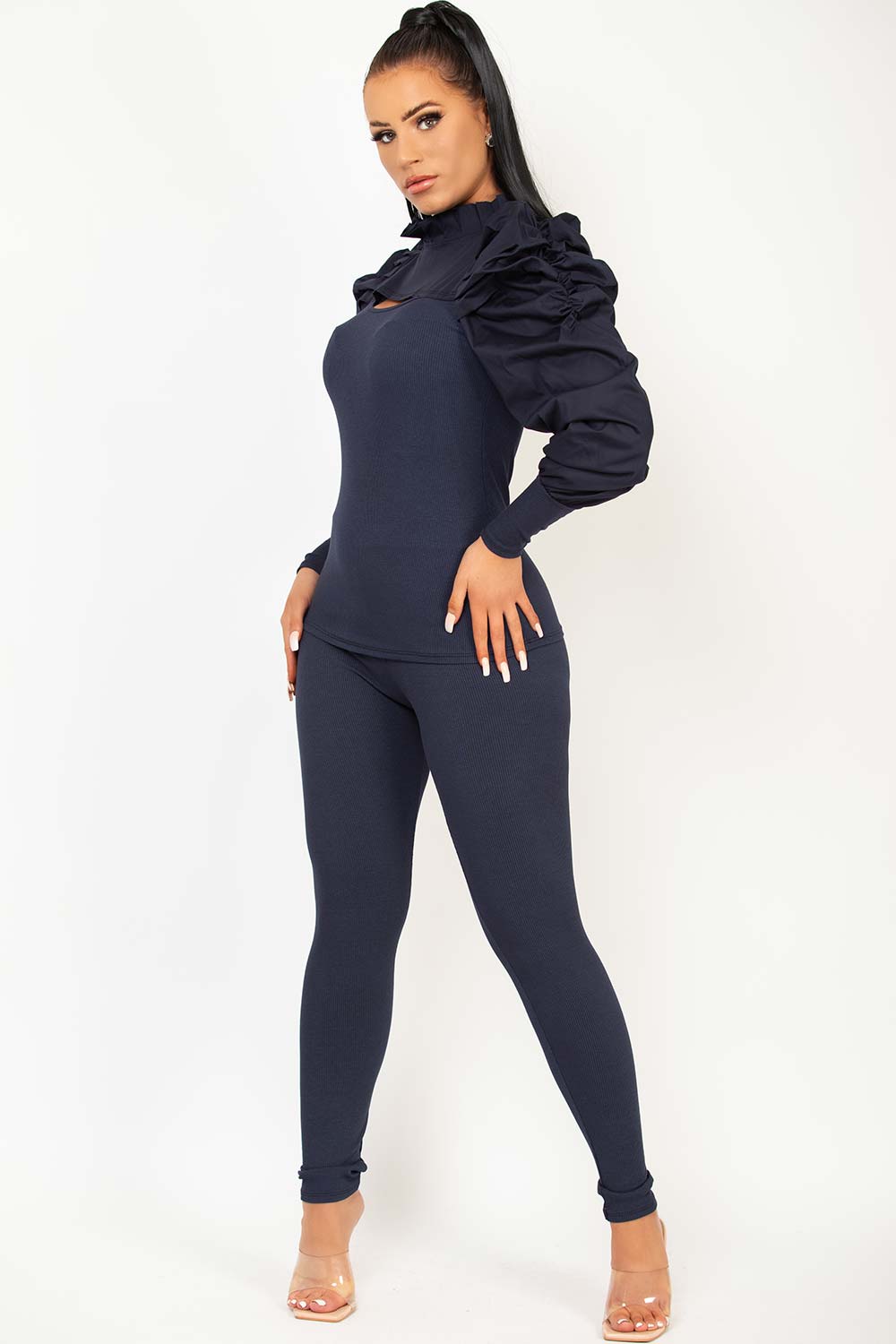 navy ruched puff sleeve ribbed two piece set