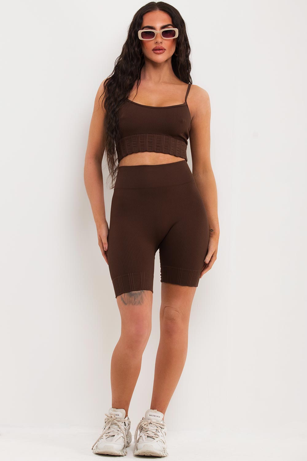 ribbed cycling shorts and crop top gym set