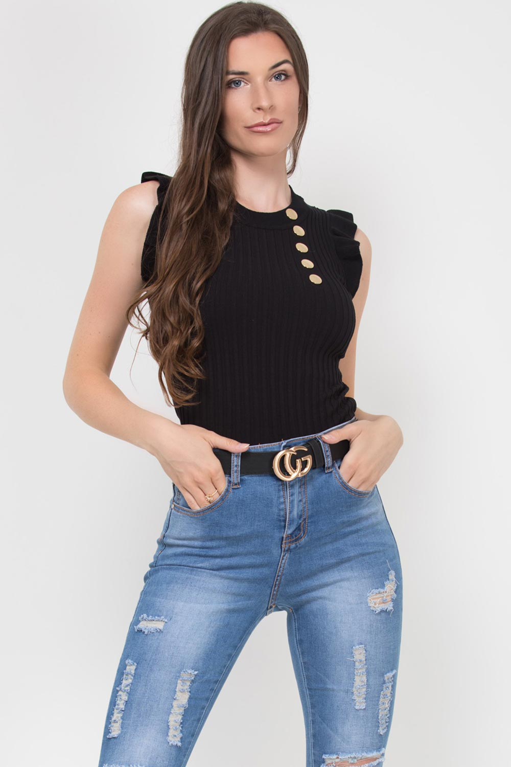 black ribbed gold button sleeveless frill detail top