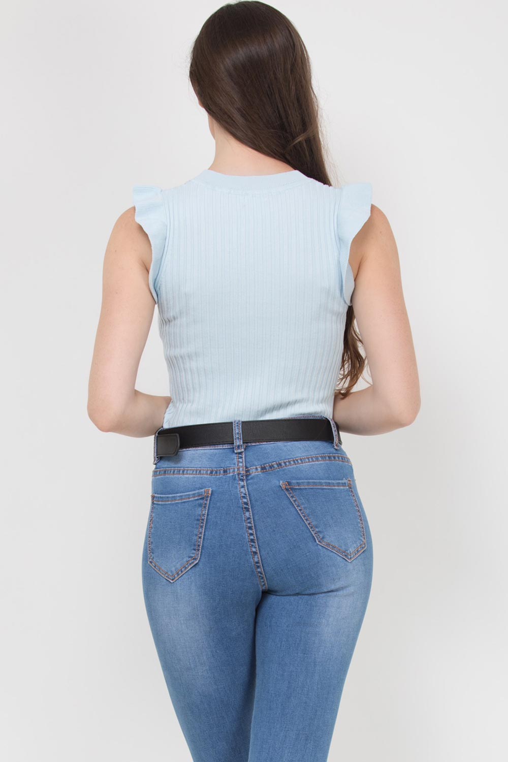 sky blue ribbed top with gold buttons