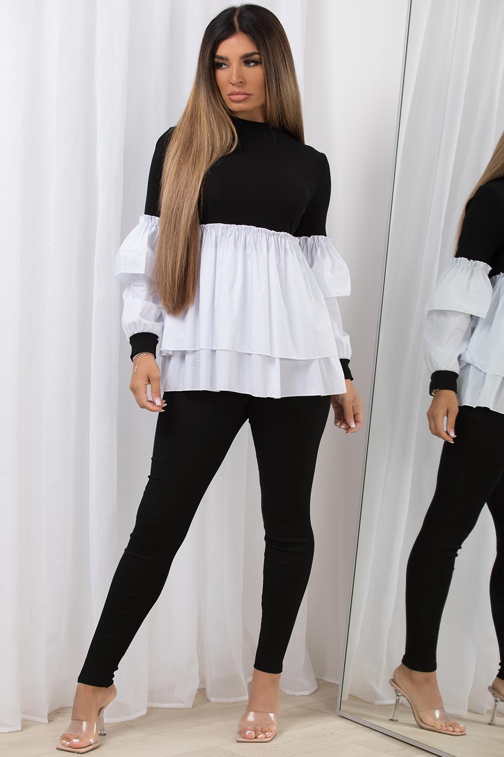 ribbed peplum frill hem jumper shirt and leggings co ord set
