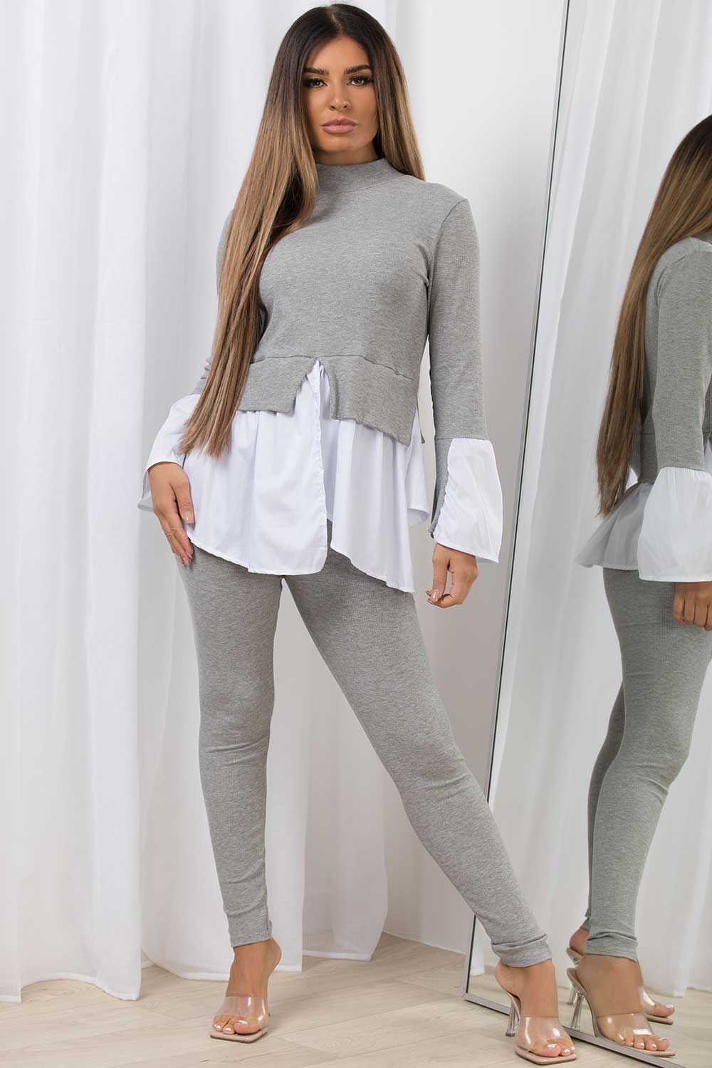 womens grey loungewear co ord set with frill hem