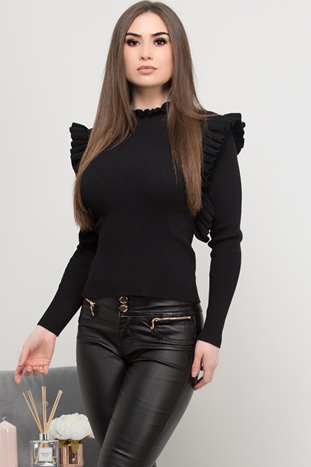 ribbed knit frill shoulder jumper black