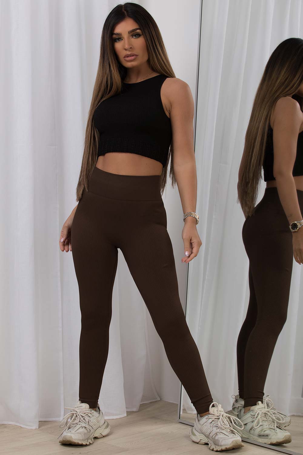 brown ribbed leggings gym wear
