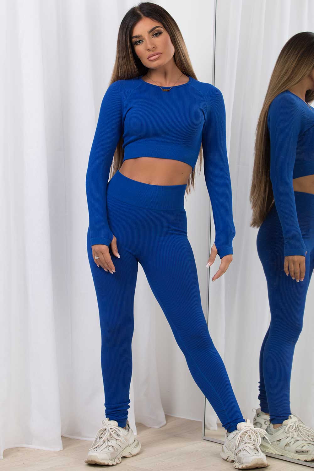 womens ribbed lounge set royal blue gym set active wear