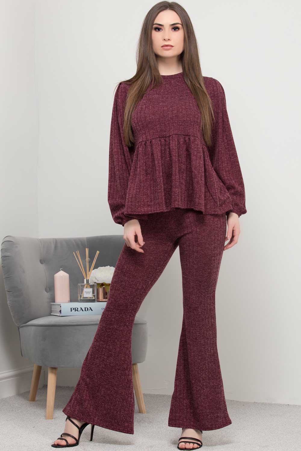 wide leg peplum frill hem loungewear set wine