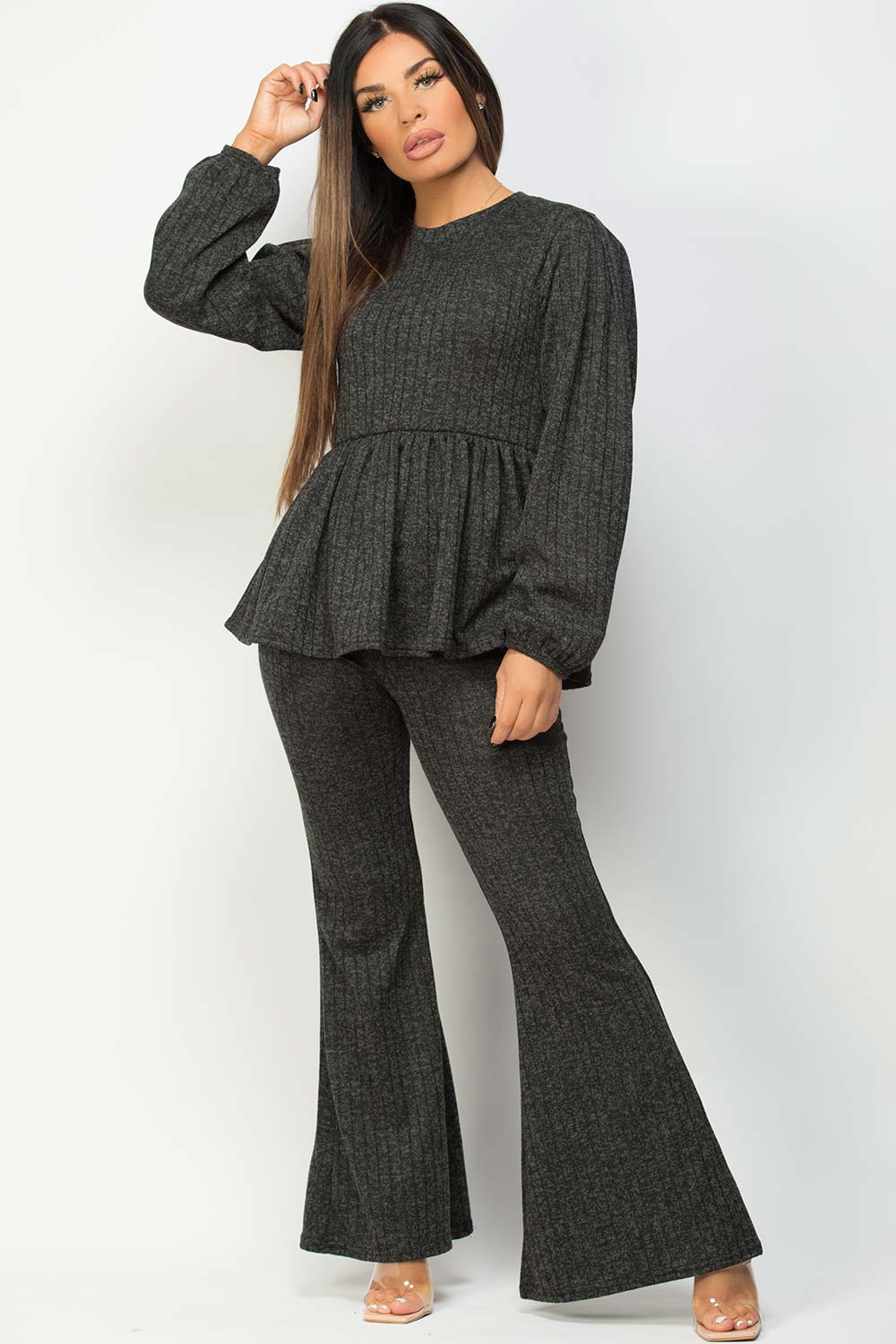 ribbed peplum long sleeve top and wide leg trousers set