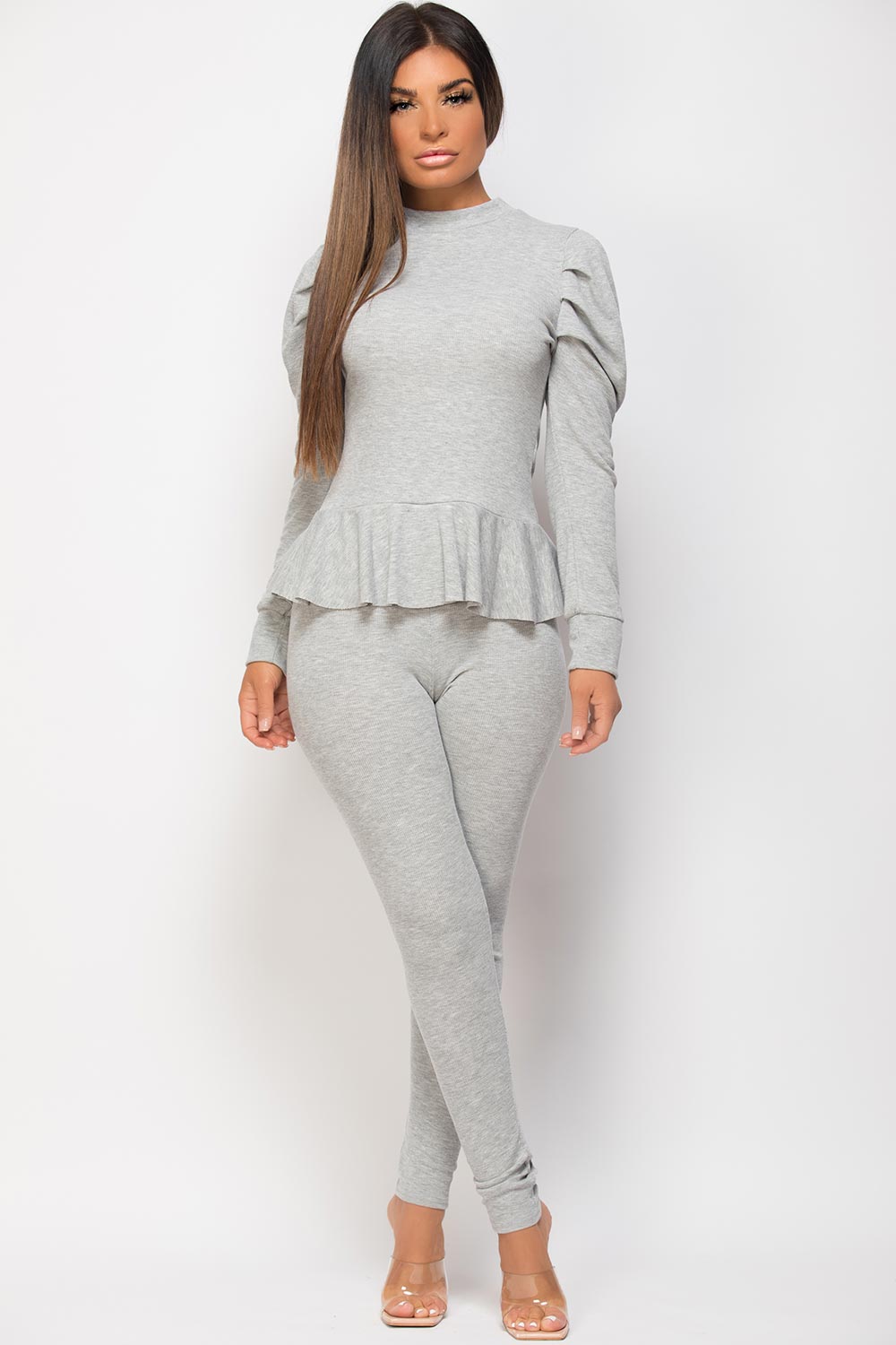 grey ribbed lounge set