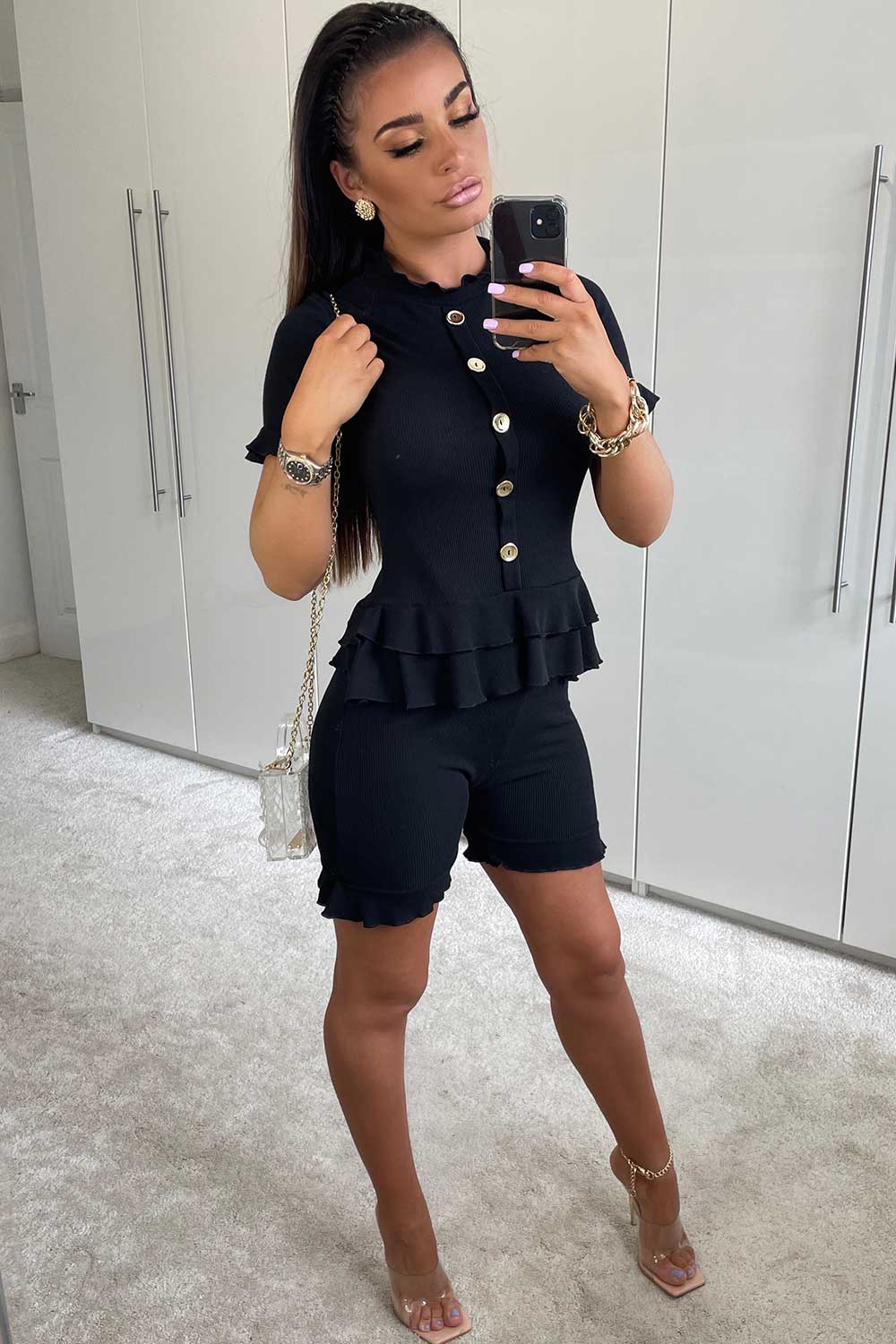 black ribbed top and shorts two piece set