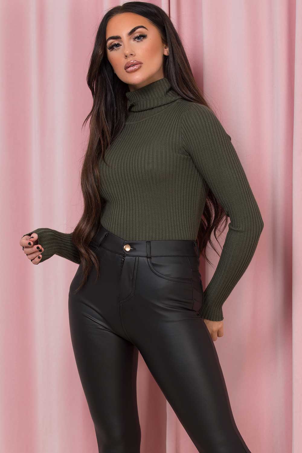 khaki roll neck ribbed jumper