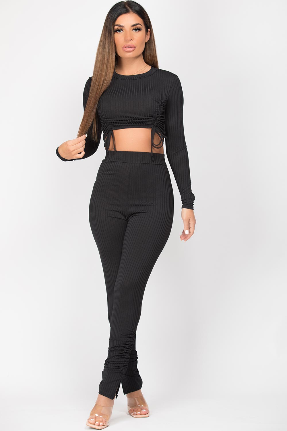 black ruched front ribbed loungewear set