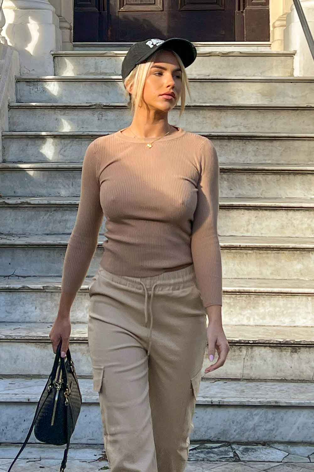 beige ribbed long sleeve top