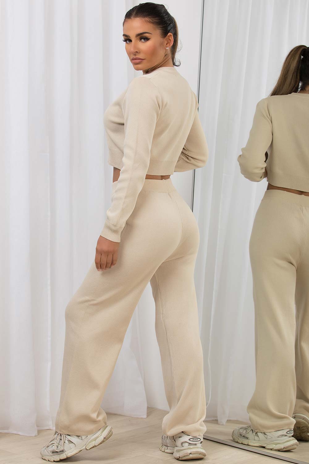 ribbed wide leg zip front loungewear co ord set womens