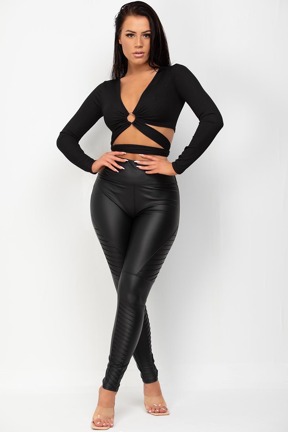 ring detail cut out front long sleeve crop top