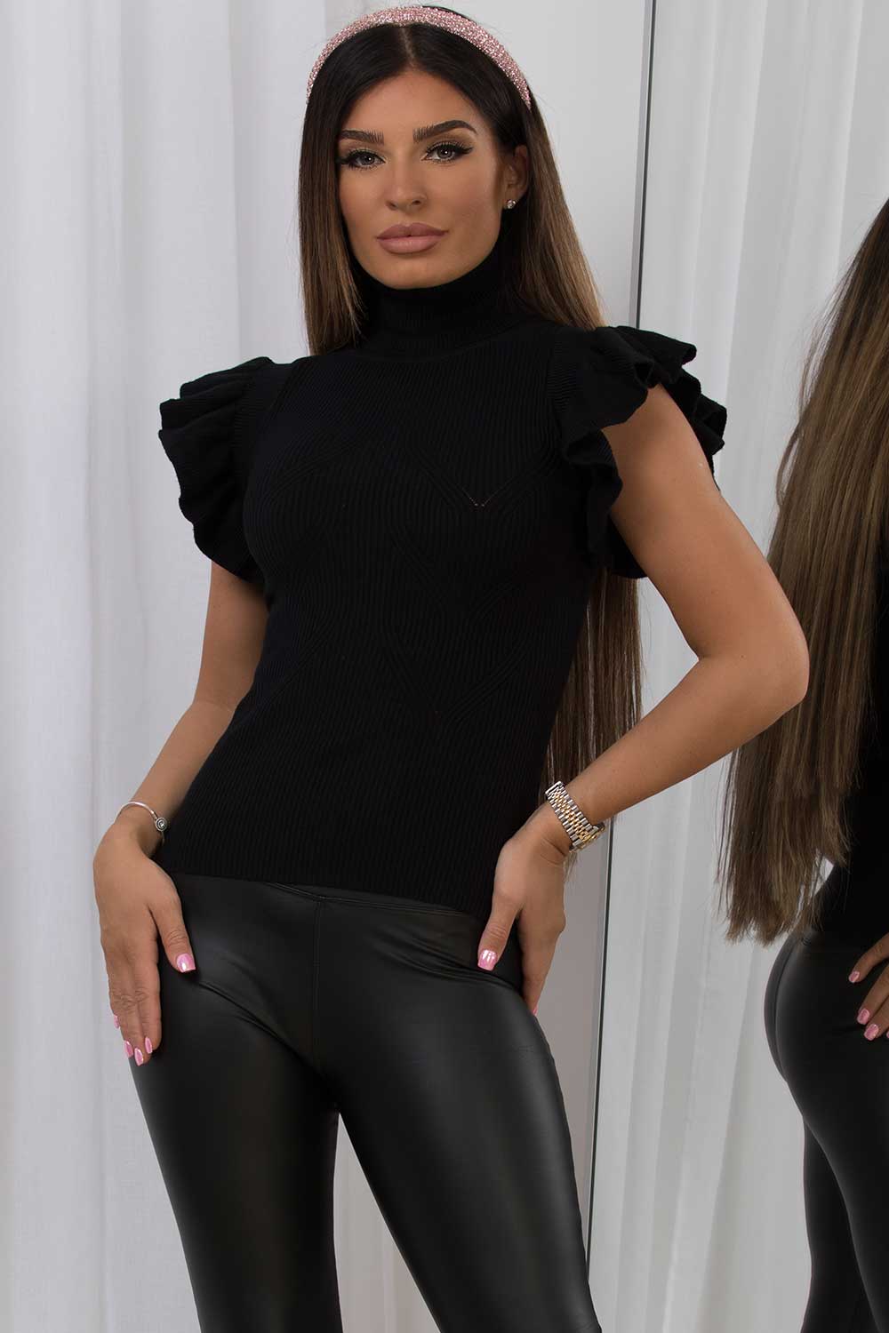 frill shoulder jumper top black