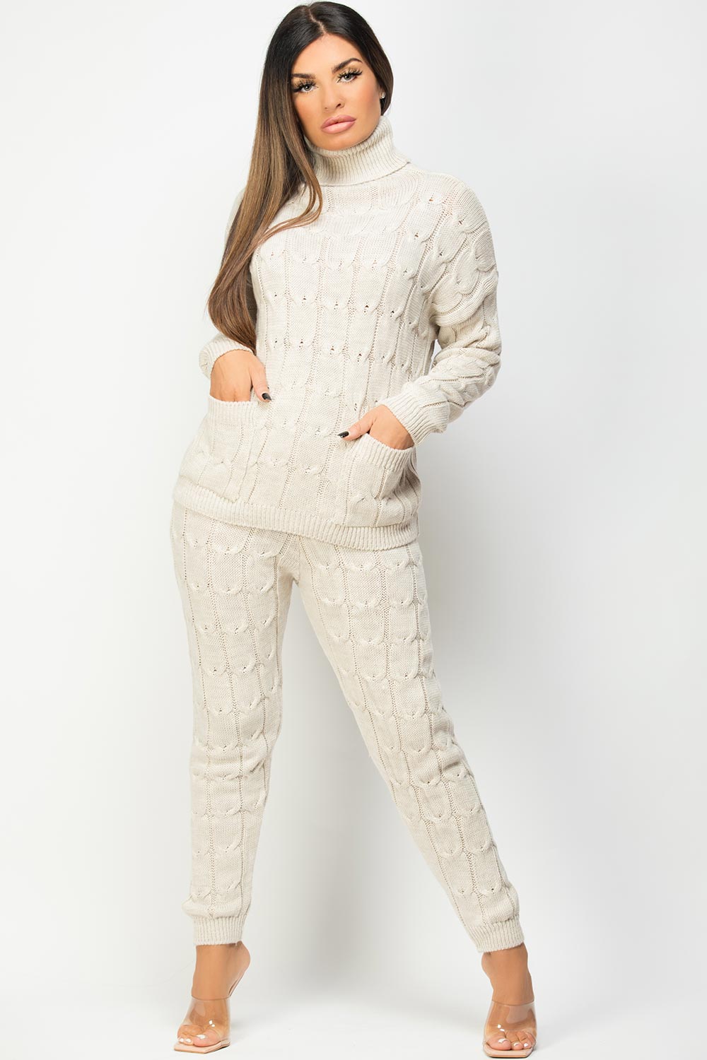 roll neck fitted loungewear set beige