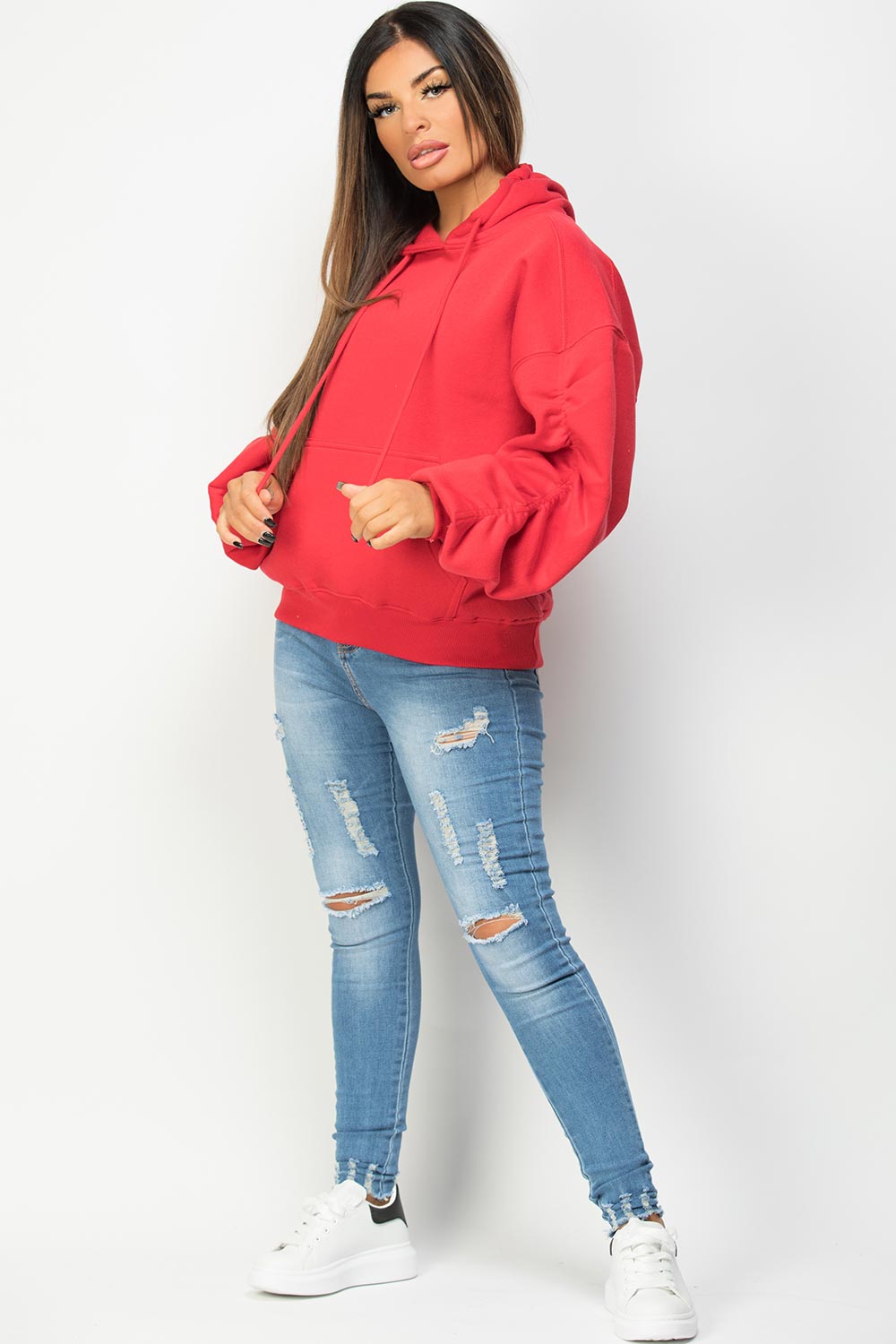 red oversized hoodie with balloon sleeves