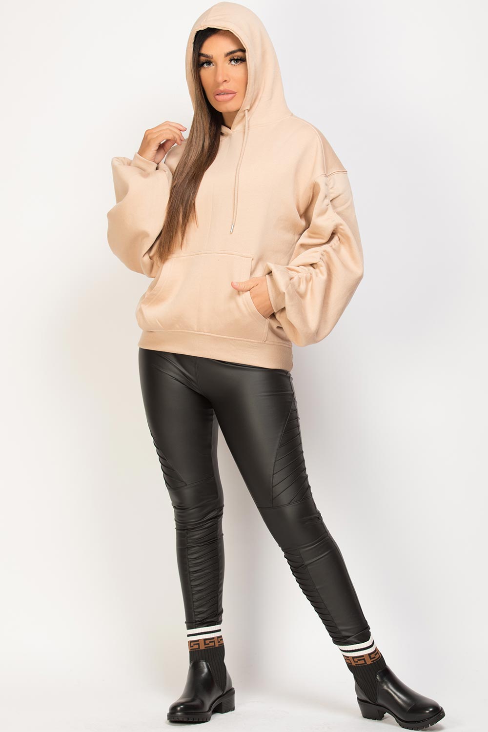 gathered arm oversized hoodie stone