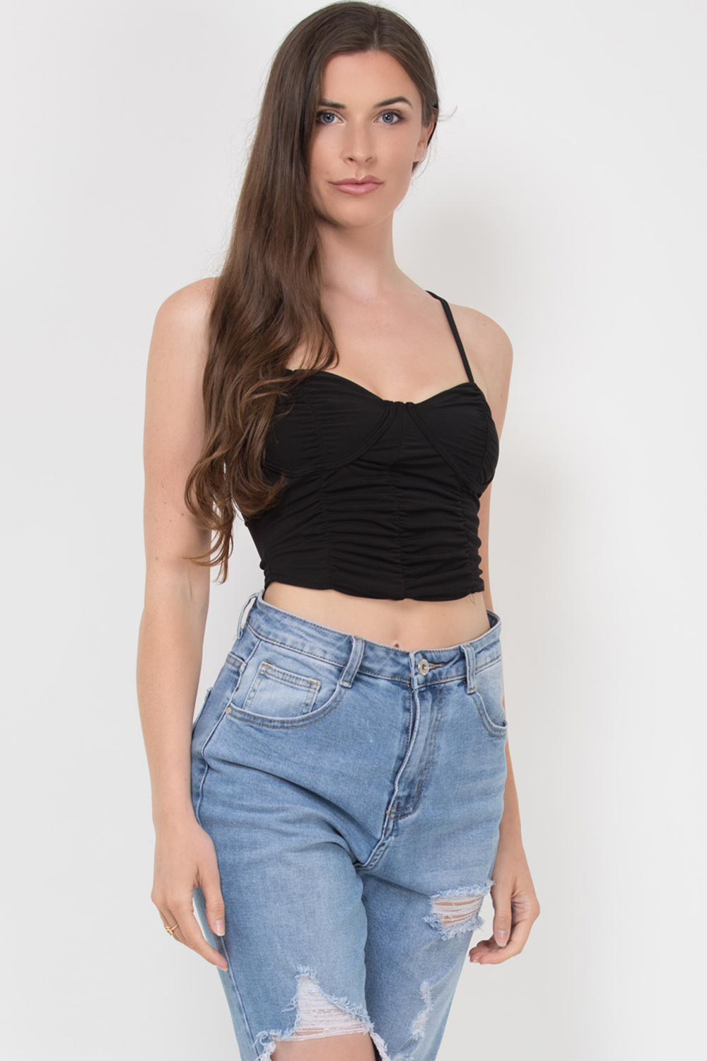 black ruched cupped crop top