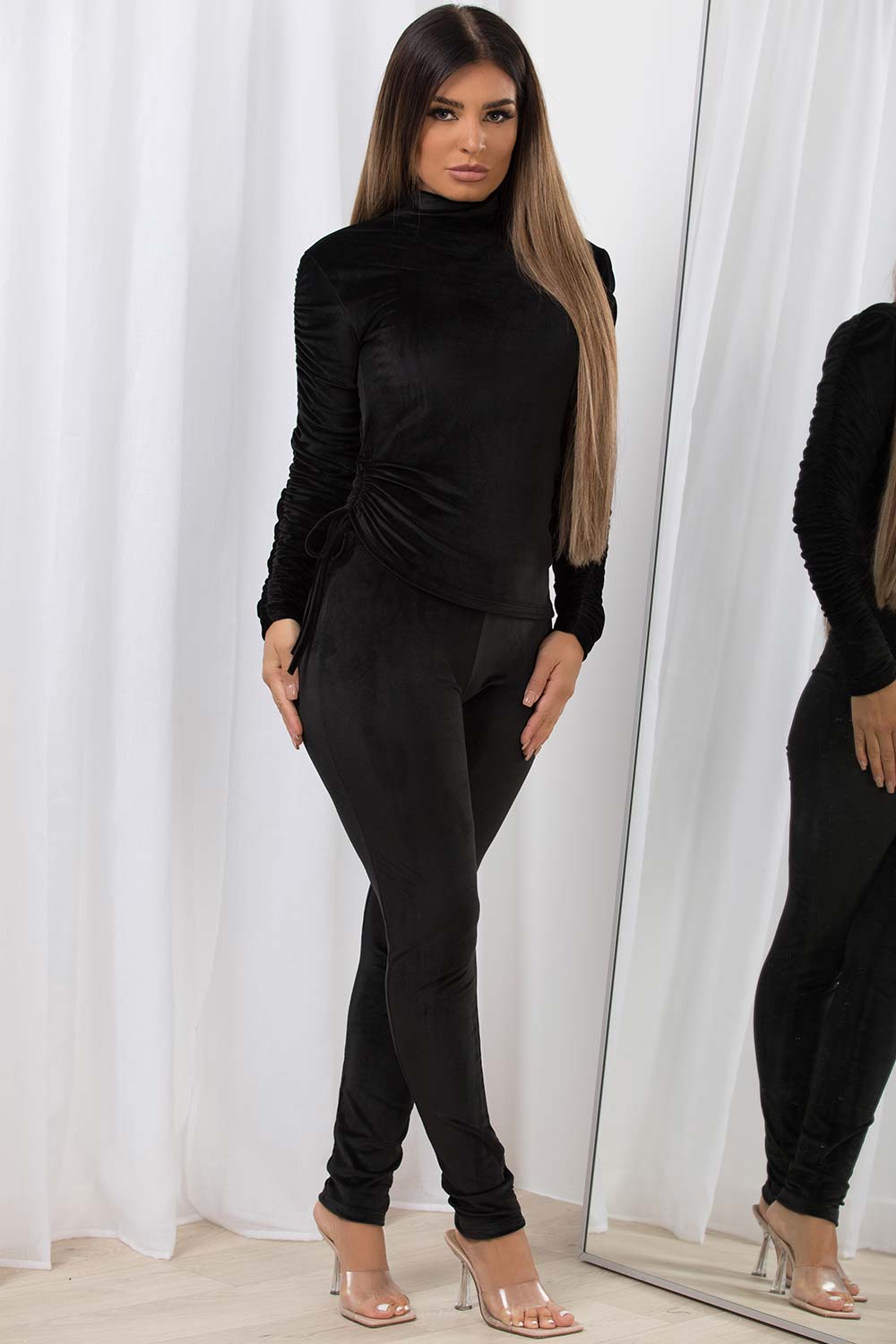 ruched sleeve velour co ord set black