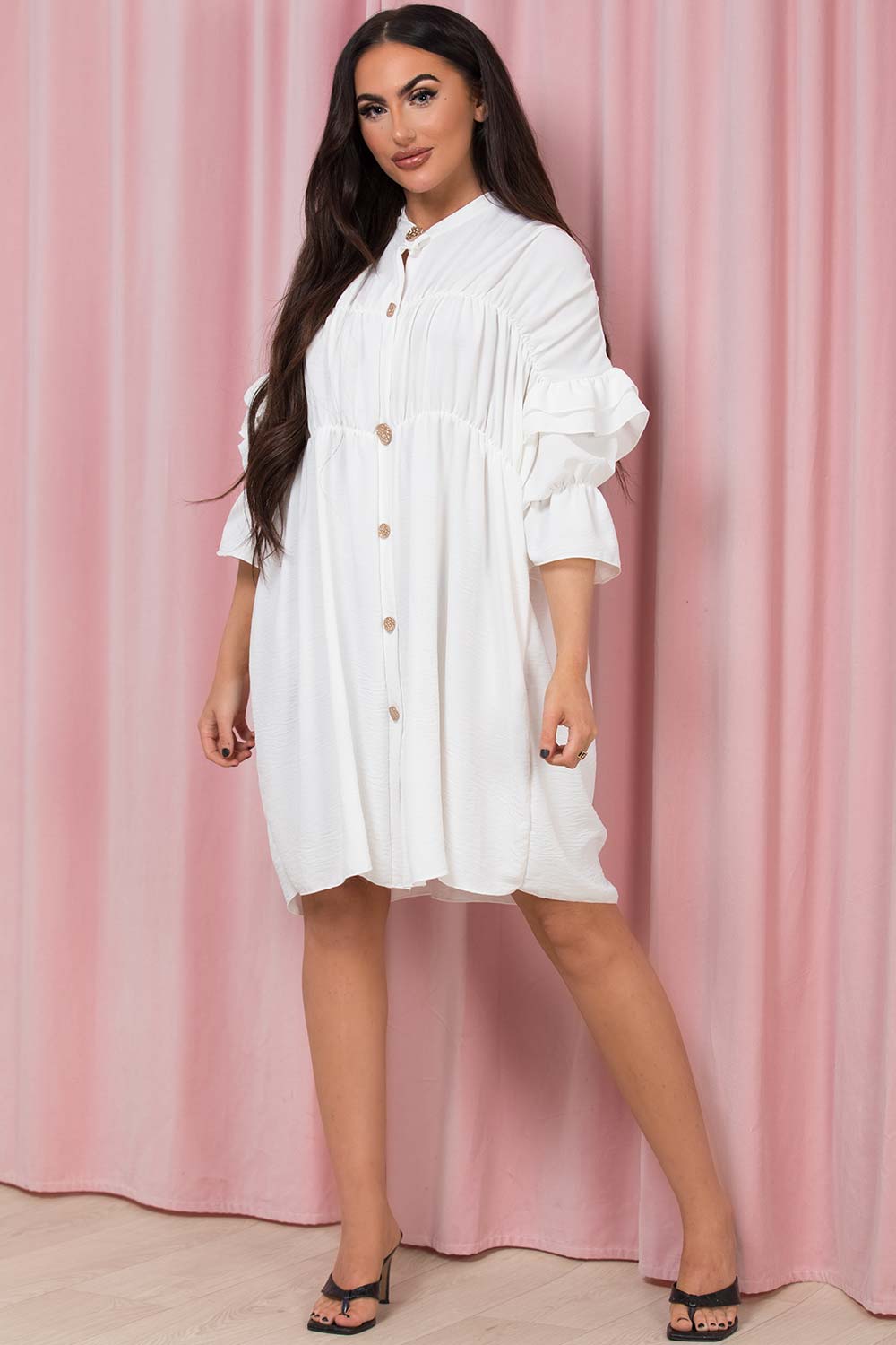 white ruched smock shirt dress white